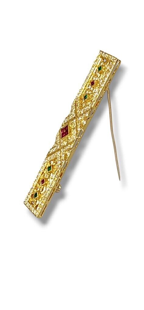 Brooch - 18 kt. Yellow gold, Lovely Art Deco  18k Gold Diamond Sapphire Pin