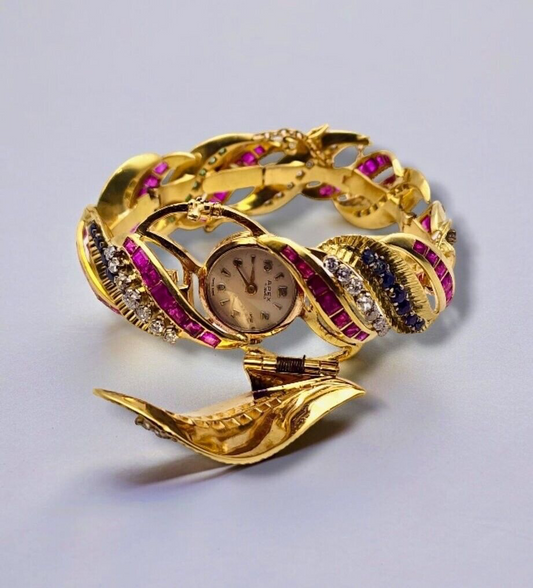 Vintage 18k Gold Watch Bracelet with Diamonds, Ruby, Sapphire & Emerald