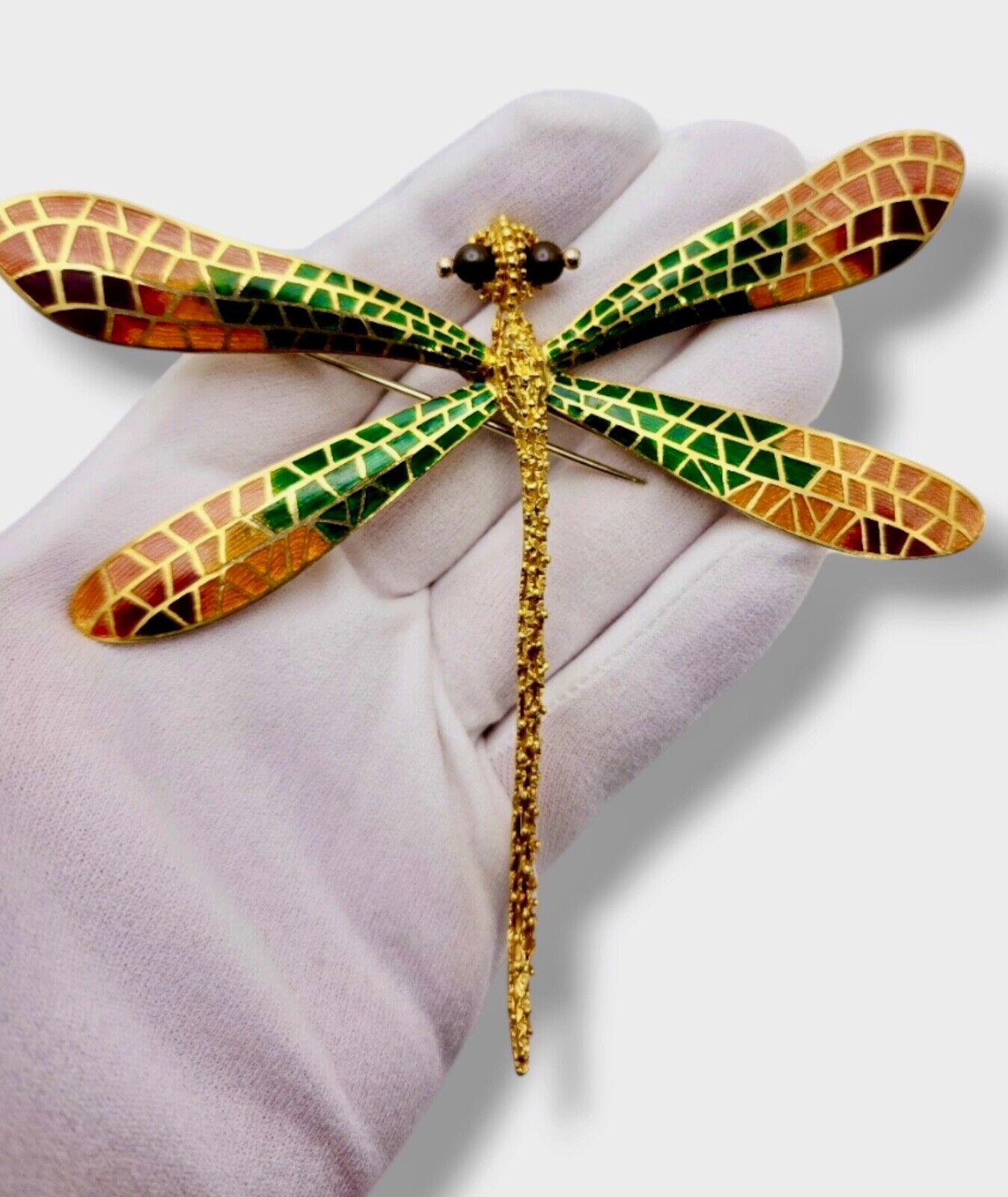 Amazing Very Large 18K Gold & Enamel  Dragonfly Brooch Italy 51 grams