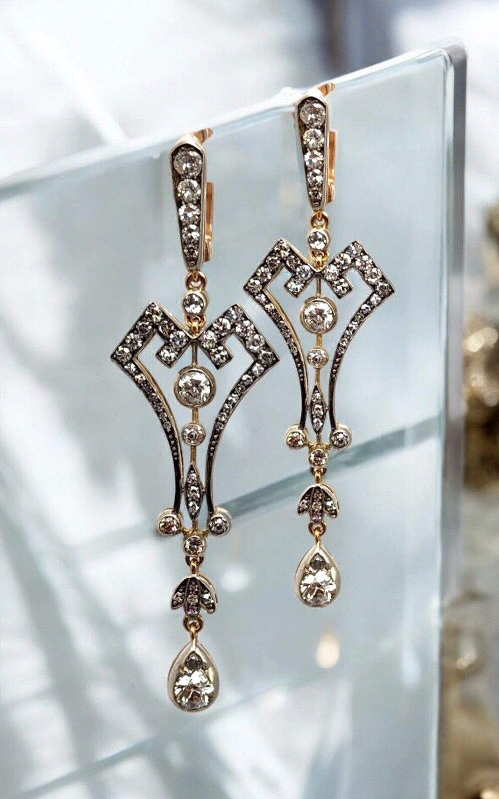 Imperial  Russ  56k Gold & Diamond Art Nouveau Style Pendant Earrings 2.60 Ct