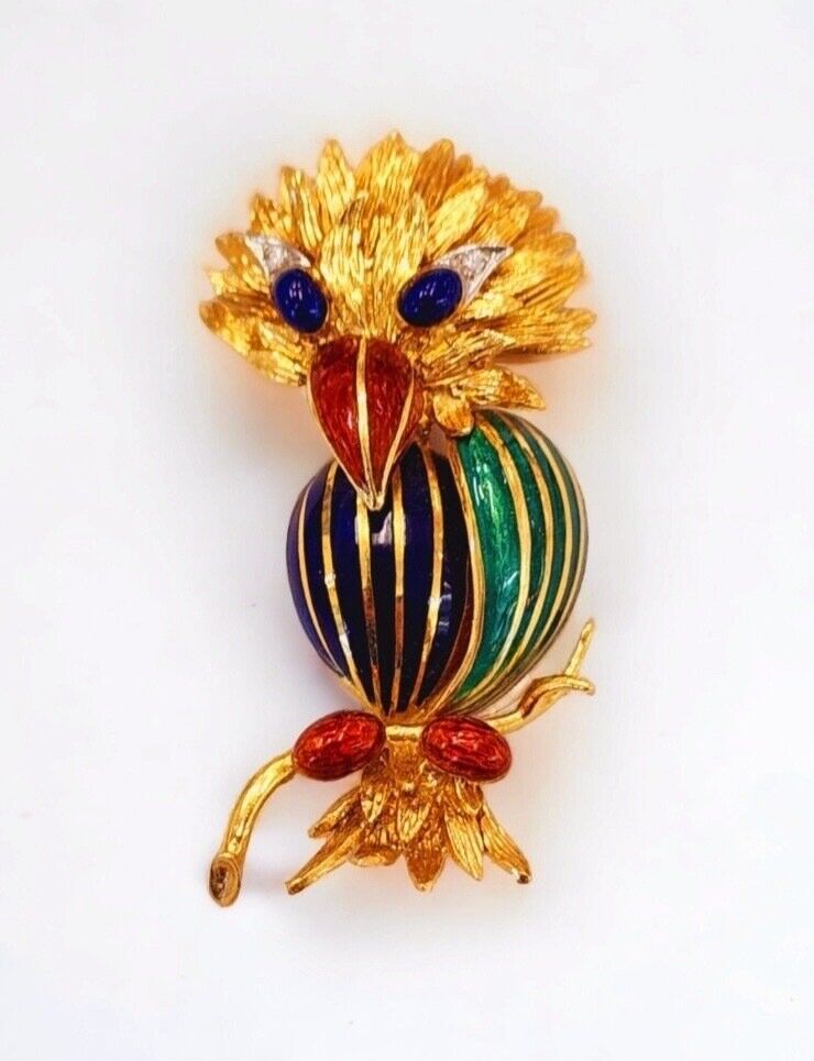 Gorgeous Vintage 18k Gold Diamond  Enamel Rubies  Emerald brooch Parrot