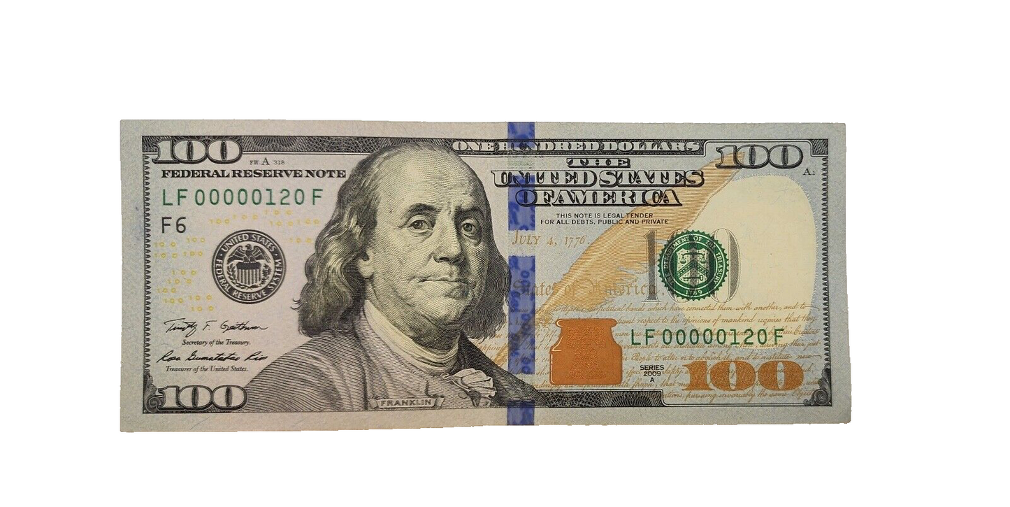 100 Dollar Bill Federal Reserve Banknote  Low Serial Number LF00000120F