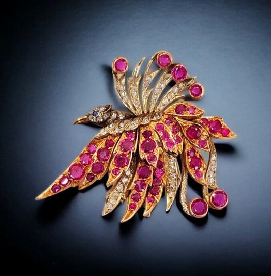 Antique 18k Gold Diamond Rubies Brooch Womens Bird Brooch Ruby Fine Jewelry