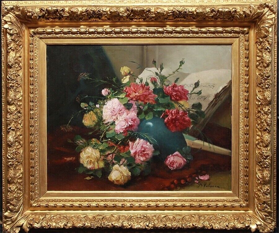 Amazing Still Life French Antique Oil Painting Flowers in Vase 19th Century