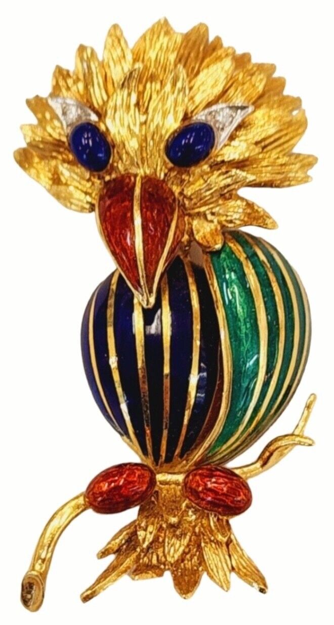 Gorgeous Vintage 18k Gold Diamond  Enamel Rubies  Emerald brooch Parrot