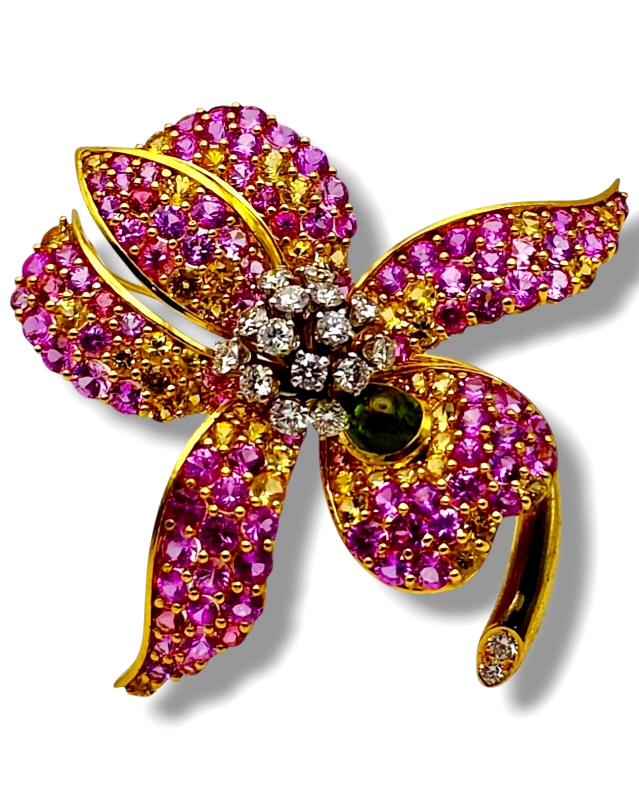 Jean Vitau Amazing 18k Gold Brooch   Multicolored Sapphires Diamonds 20.26 Carat