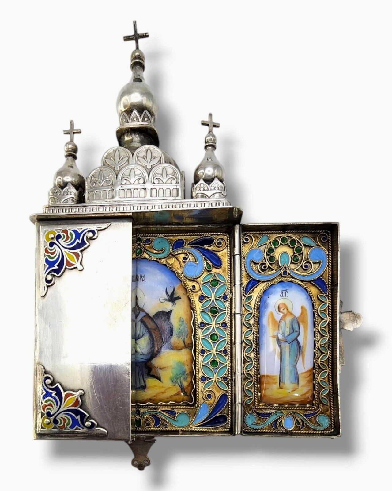 Russian Antique Silver & Enamel Triptych Traveling  Icon with Painted Porcelain