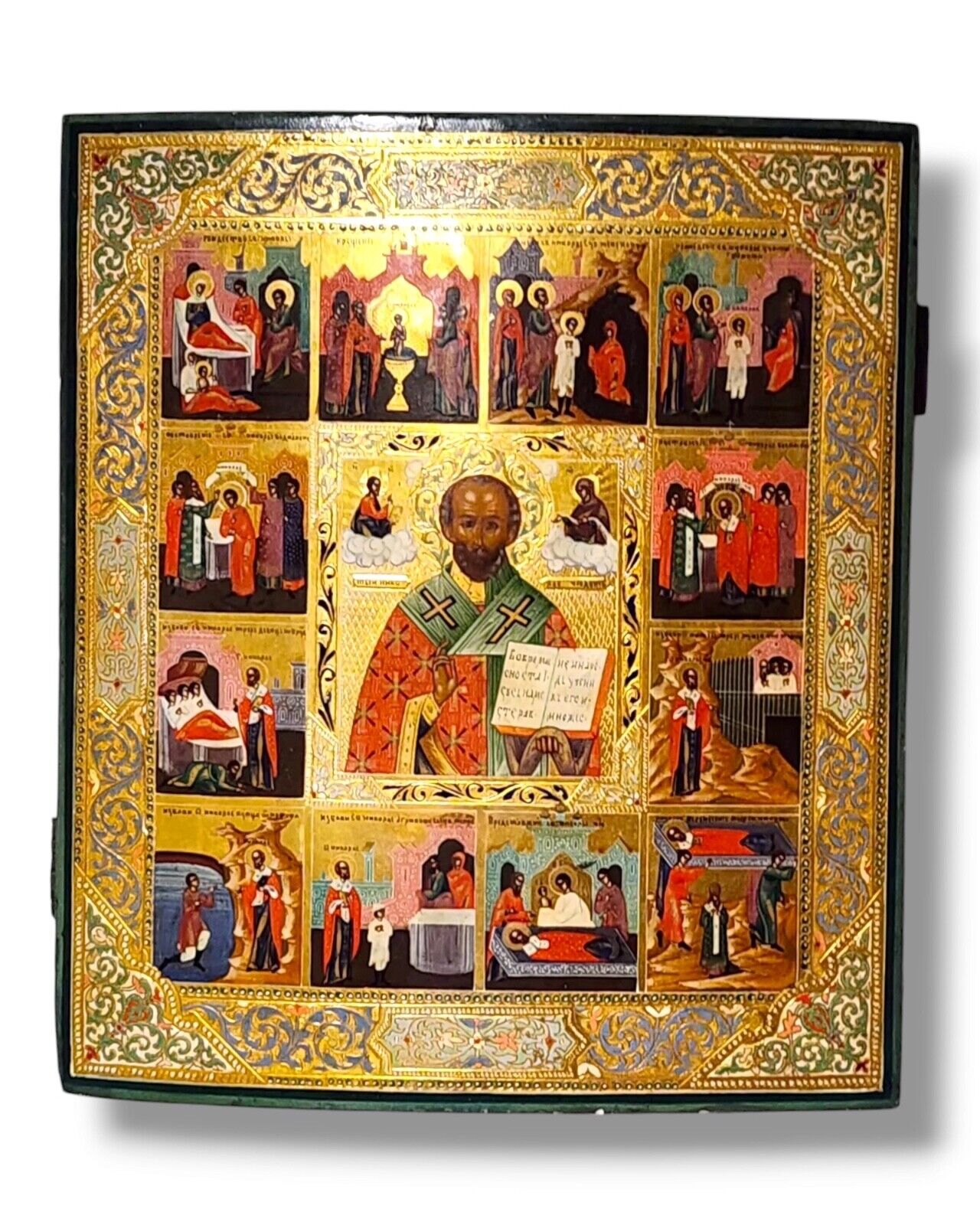 Fine Rare Russian Antique Icon  ST. NICHOLAS With Life Scenes Palekh C. 1890