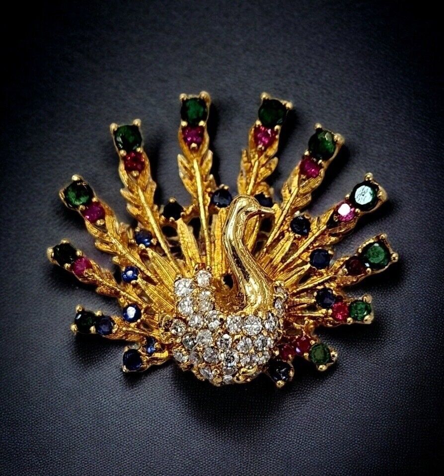 Antique 18k Amazing  Gold brooch Swan  with Diamonds, Ruby  Emeralds  Sapphire