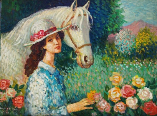 Art G.  DARBINYAN Original Oil Painting Lady  with Horse Garden Scene