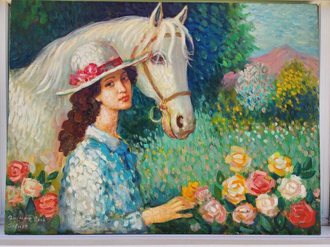 Art G.  DARBINYAN Original Oil Painting Lady  with Horse Garden Scene