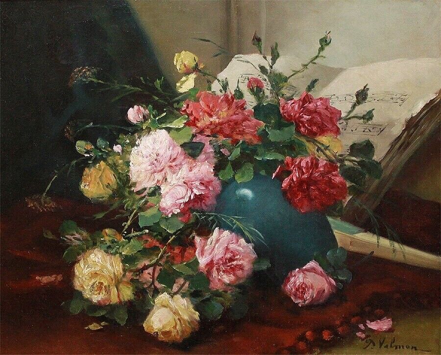 Amazing Still Life French Antique Oil Painting Flowers in Vase 19th Century