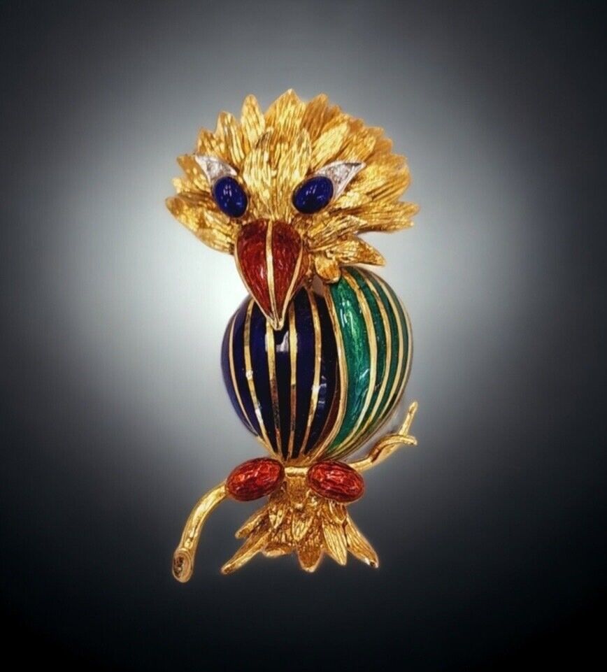 Gorgeous Vintage 18k Gold Diamond  Enamel Rubies  Emerald brooch Parrot