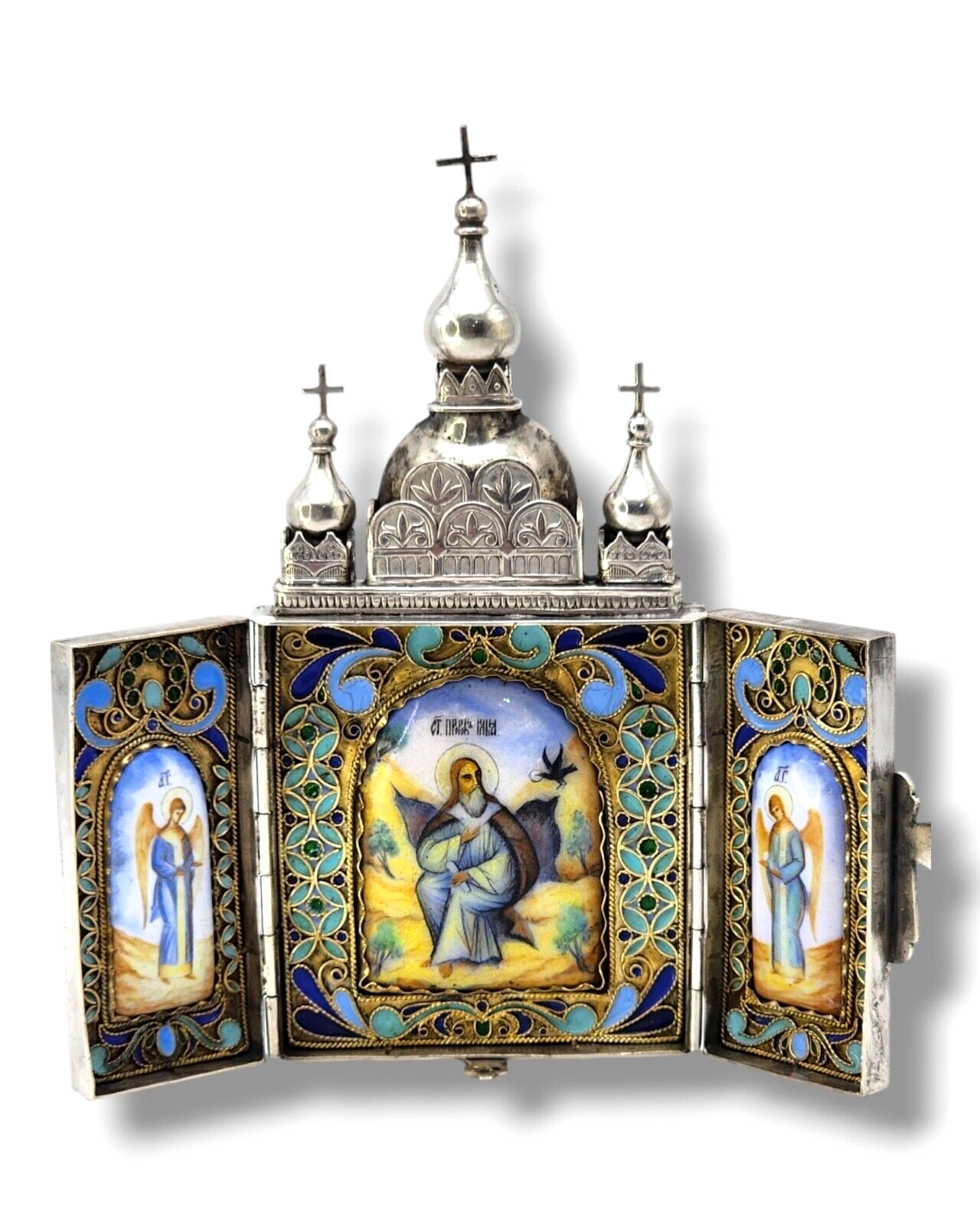 Russian Antique Silver & Enamel Triptych Traveling  Icon with Painted Porcelain