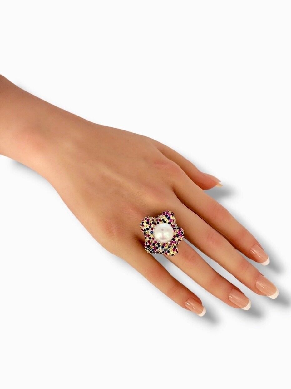 Beautiful  18K White Gold Ring, Pearl  & Diamonds