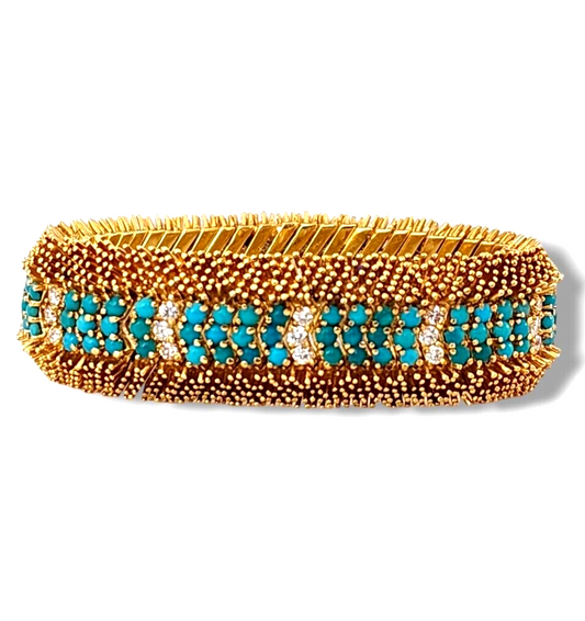 Amazing Rare 18K Gold Bracelet with Turquoise and Diamonds 110 Grams!