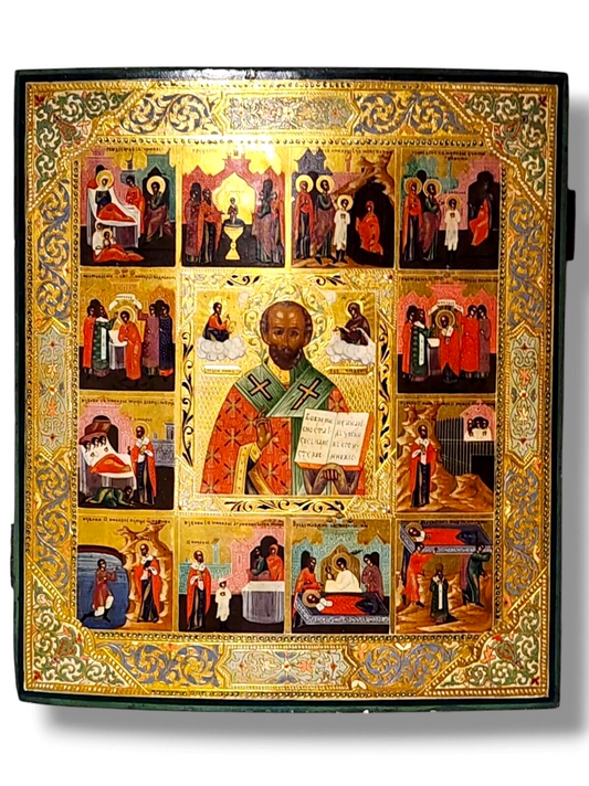 Fine Rare Russian Antique Icon  ST. NICHOLAS With Life Scenes Palekh C. 1890