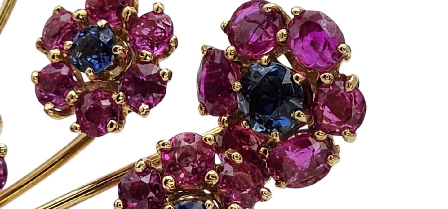 Gorgeous 18k Gold Rubies Diamond and Sapphires Women's  Brooch Large 31 Grams