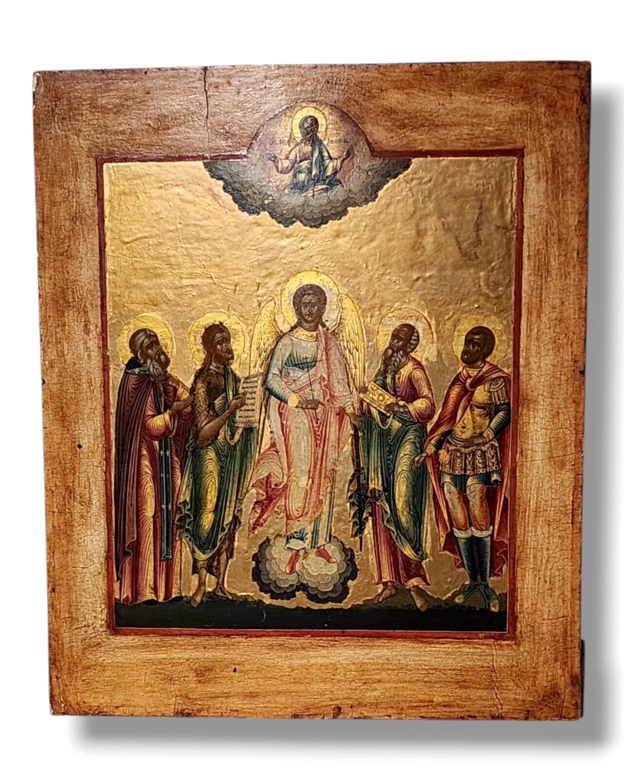 Rare Antique Russian Icon of Guardian Angel with four selected Saints c 1850