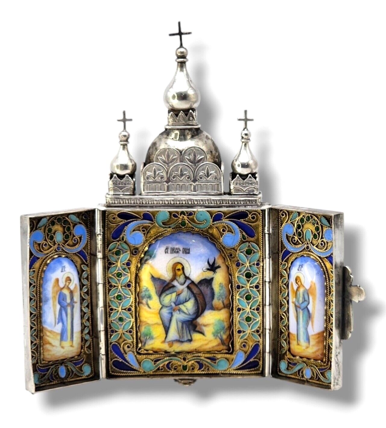 Russian Antique Silver & Enamel Triptych Traveling  Icon with Painted Porcelain