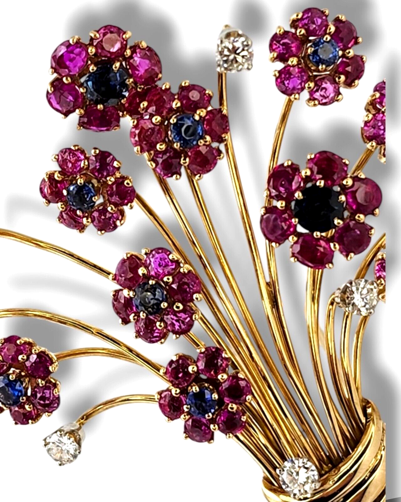 Gorgeous 18k Gold Rubies Diamond and Sapphires Women's  Brooch Large 31 Grams