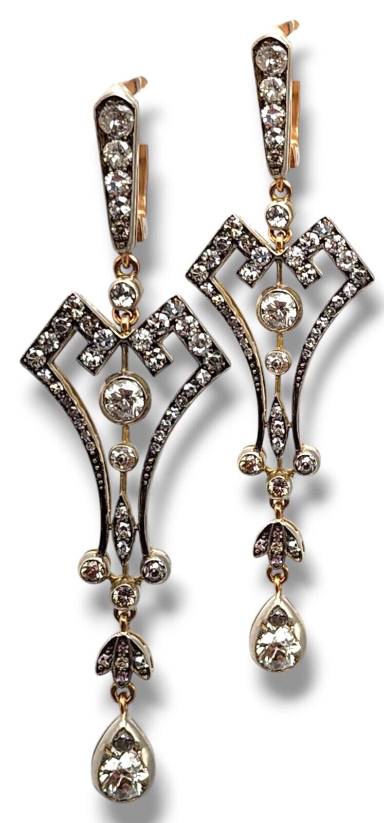 Imperial  Russ  56k Gold & Diamond Art Nouveau Style Pendant Earrings 2.60 Ct