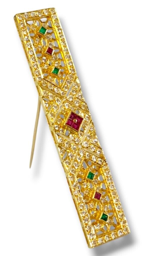 Brooch - 18 kt. Yellow gold, Lovely Art Deco  18k Gold Diamond Sapphire Pin