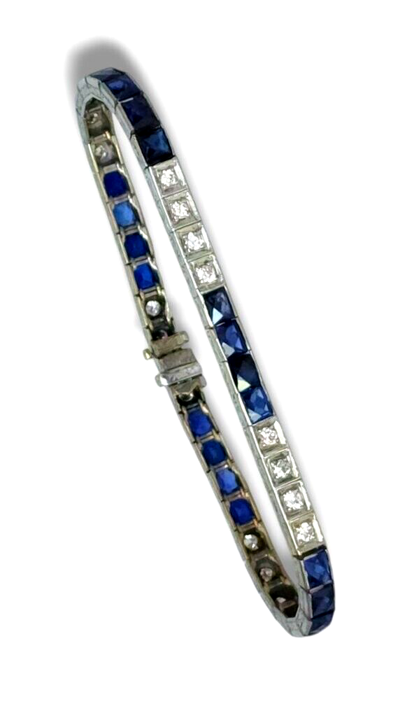 French Art Deco Platinum Bracelet with Diamonds and Sapphires