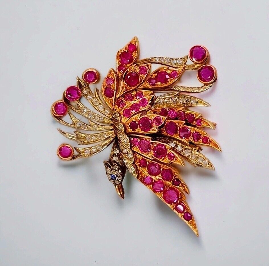 Antique 18k Gold Diamond Rubies Brooch Womens Bird Brooch Ruby Fine Jewelry