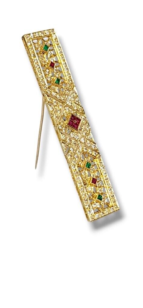 Brooch - 18 kt. Yellow gold, Lovely Art Deco  18k Gold Diamond Sapphire Pin