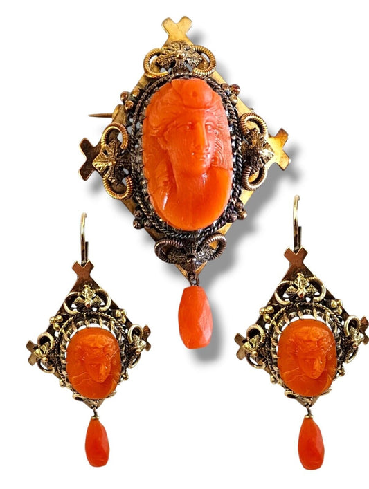 Victorian 14K Carved Coral Cameo Set Pendant, Brooch Earrings Set