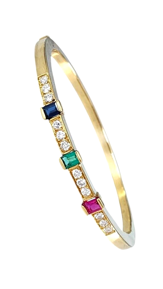 18K Gold Vintage Emerald, Sapphire Ruby & Diamond Bracelet