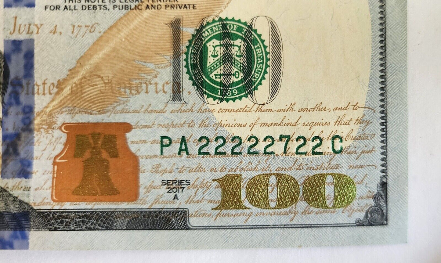 PA 22 22 22 27 22 C  2017 A $100 Binary Fancy Numbers One Hundred Dollar Bill