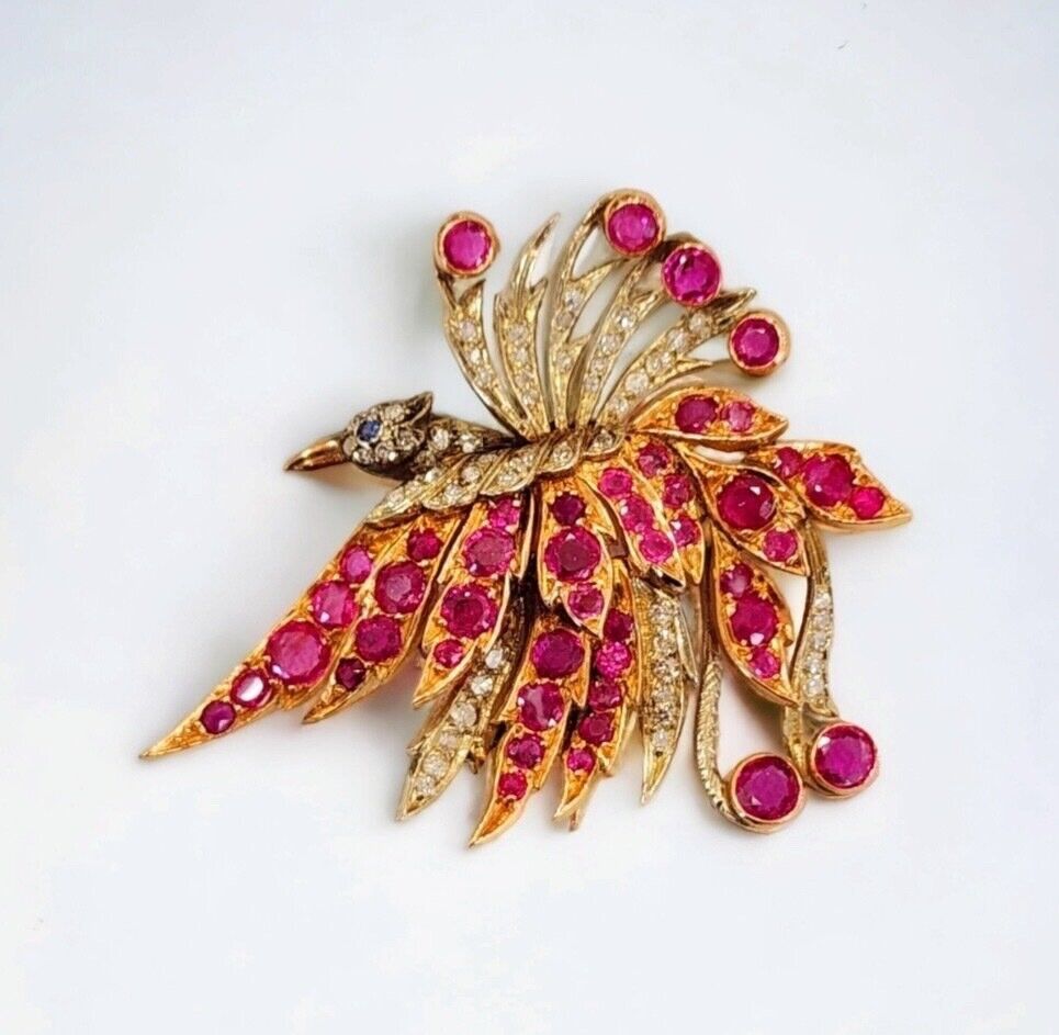 Antique 18k Gold Diamond Rubies Brooch Womens Bird Brooch Ruby Fine Jewelry