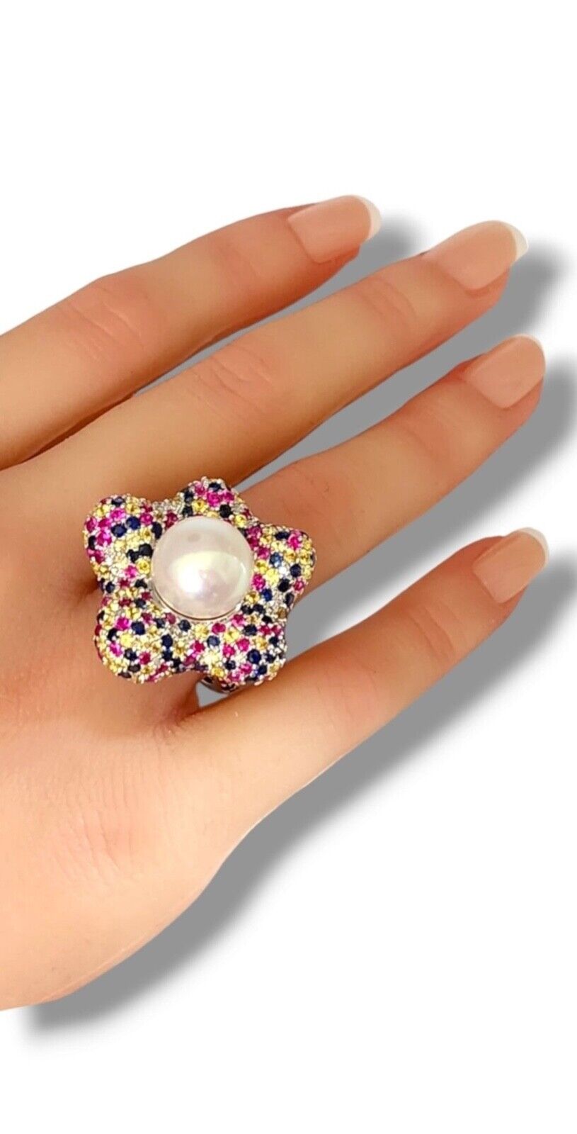 Beautiful  18K White Gold Ring, Pearl  & Diamonds