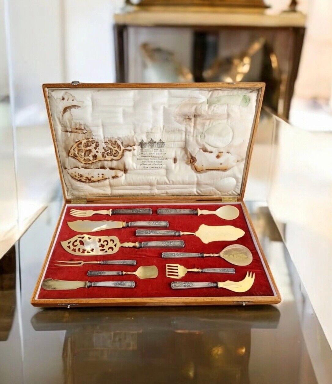 Russian Silver  Gilt Large Serving Cutlery Set  in the Original box