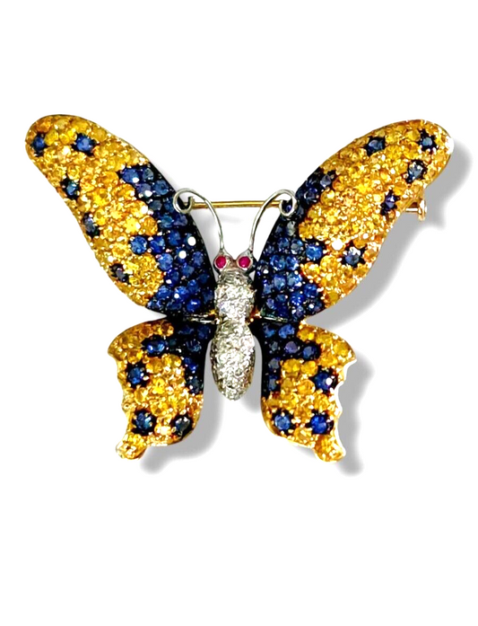 Gorgeous 18k Gold Diamond Sapphire Butterfly Brooch Pin