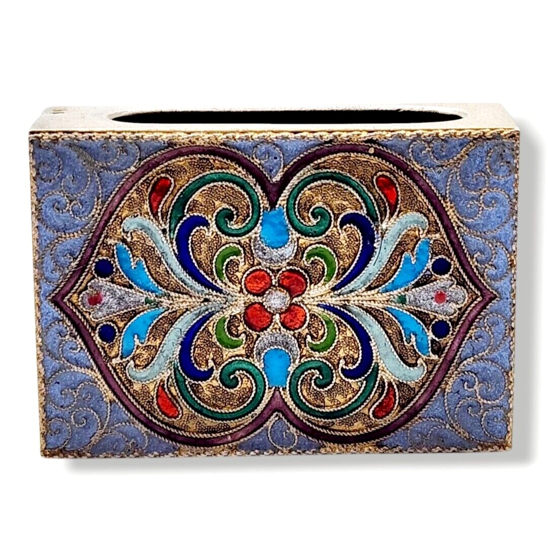 Antique Russian Imperial 84 Silver Double Sided Enamel Matches Box Case