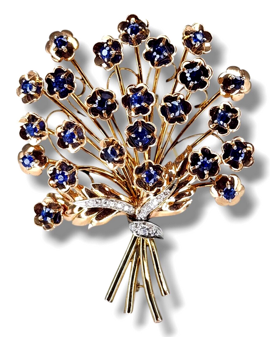 J.E. Caldwell & Co Gorgeous 18K Gold Diamond and Sapphire Brooch