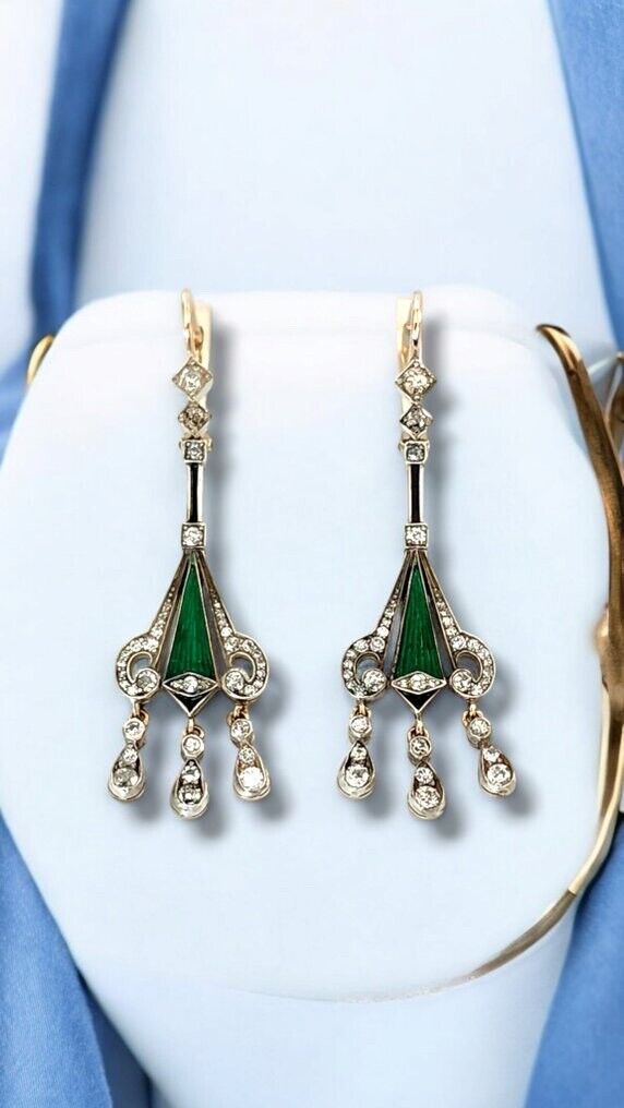 Amazing Art Deco  Gold  Diamond & Enamel Earrings