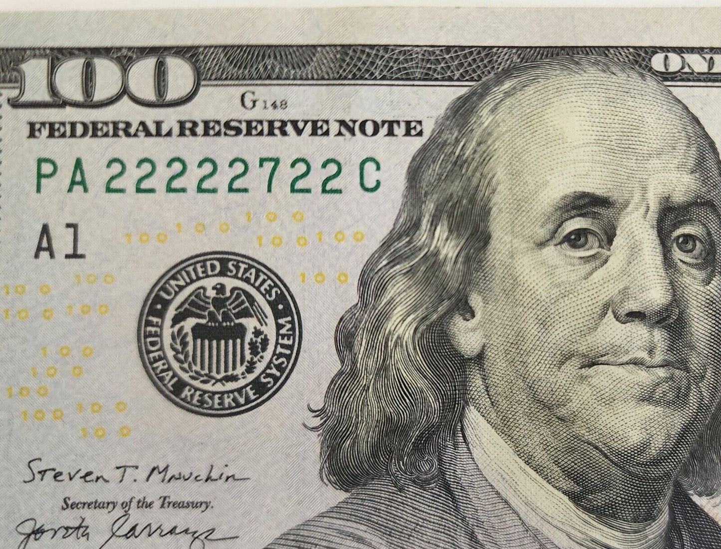 PA 22 22 22 27 22 C  2017 A $100 Binary Fancy Numbers One Hundred Dollar Bill