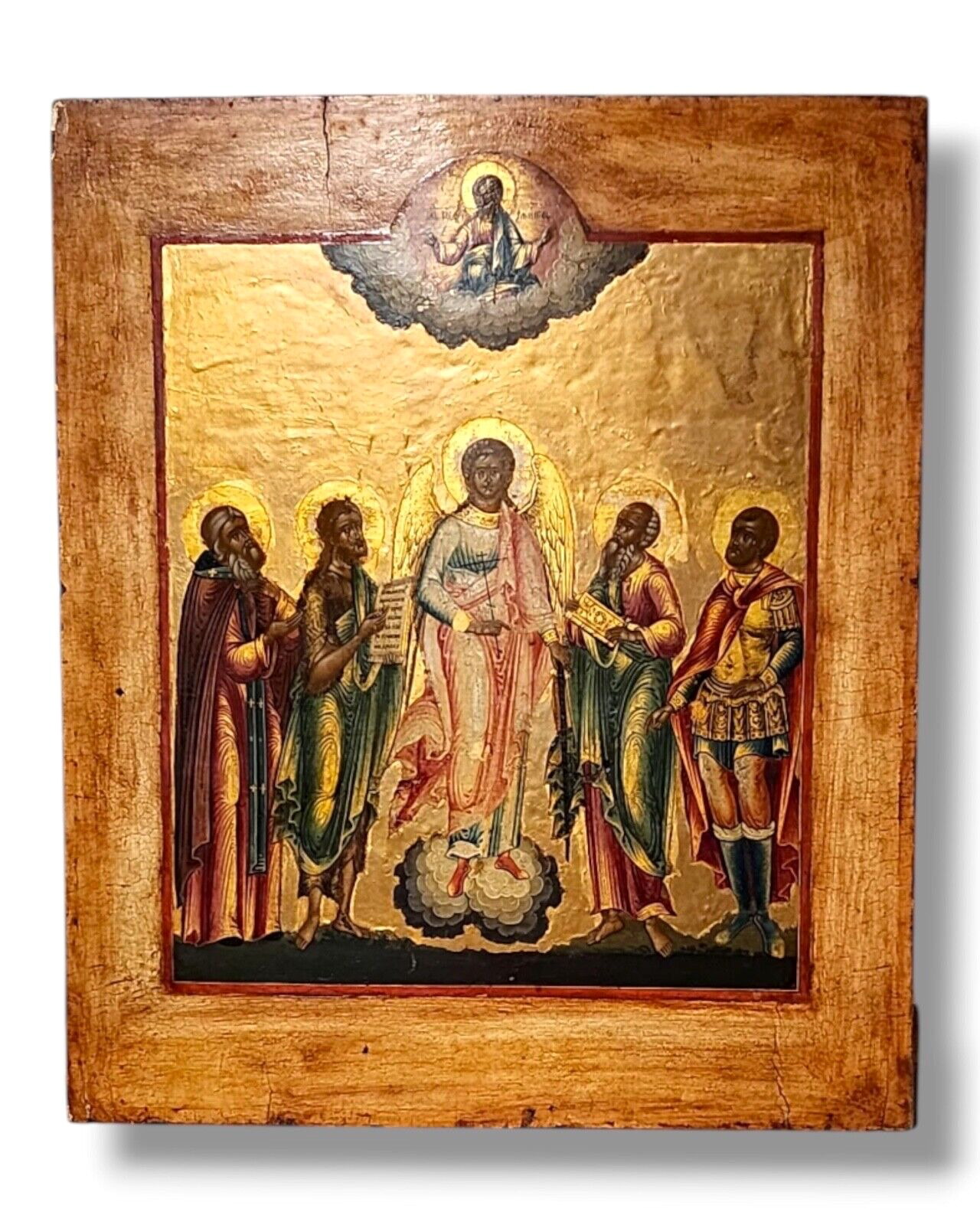 Rare Antique Russian Icon of Guardian Angel with four selected Saints c 1850