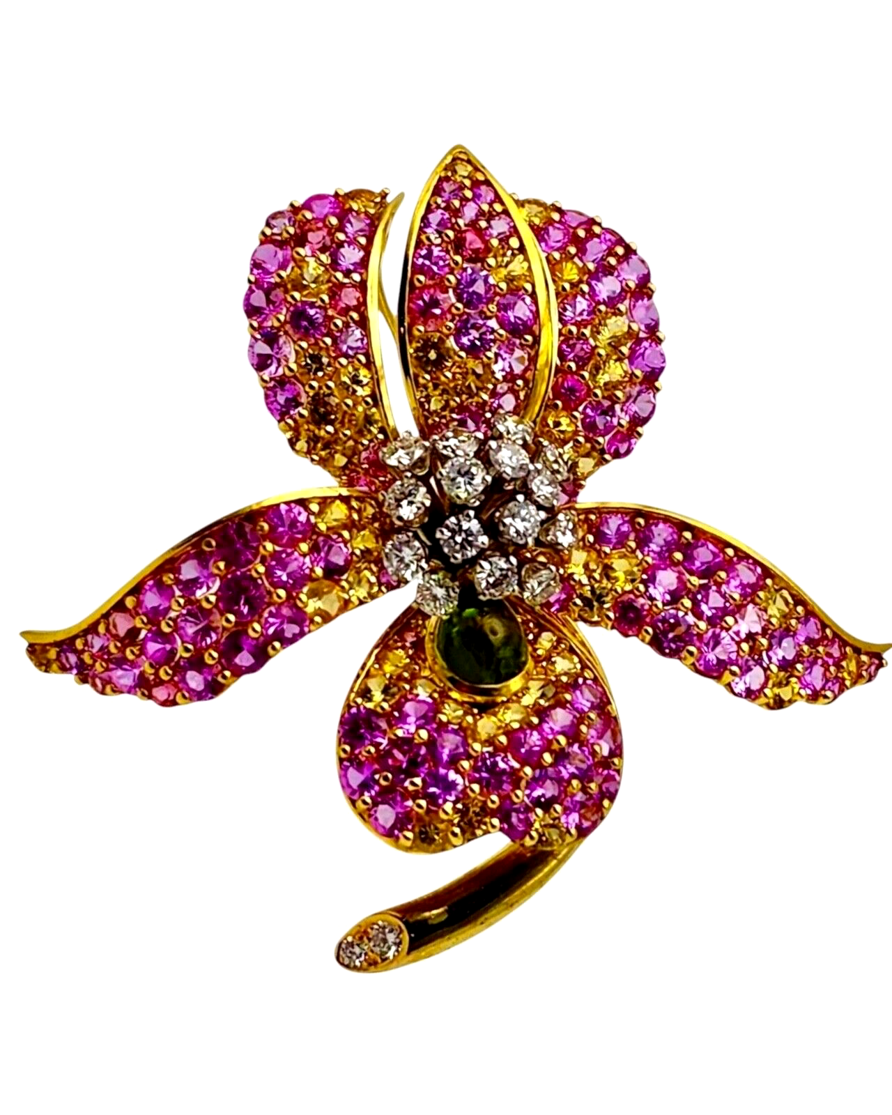 Jean Vitau Amazing 18k Gold Brooch   Multicolored Sapphires Diamonds 20.26 Carat