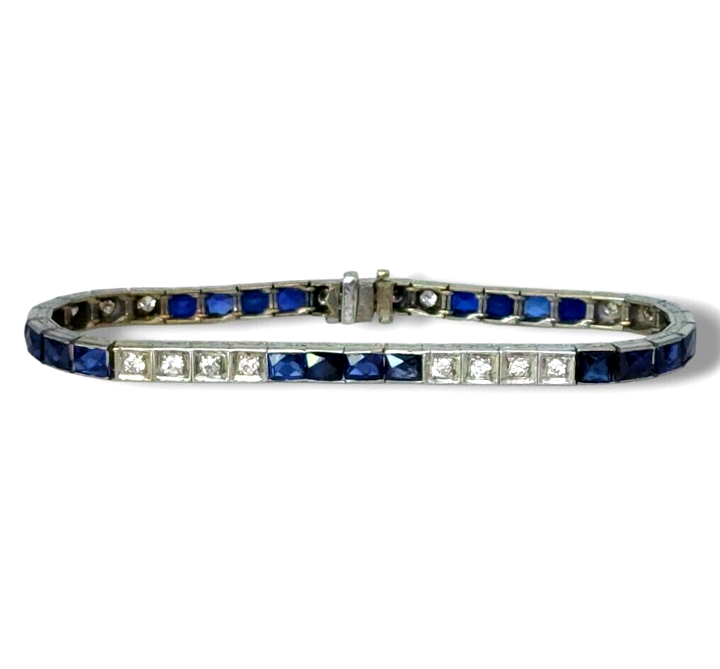 French Art Deco Platinum Bracelet with Diamonds and Sapphires