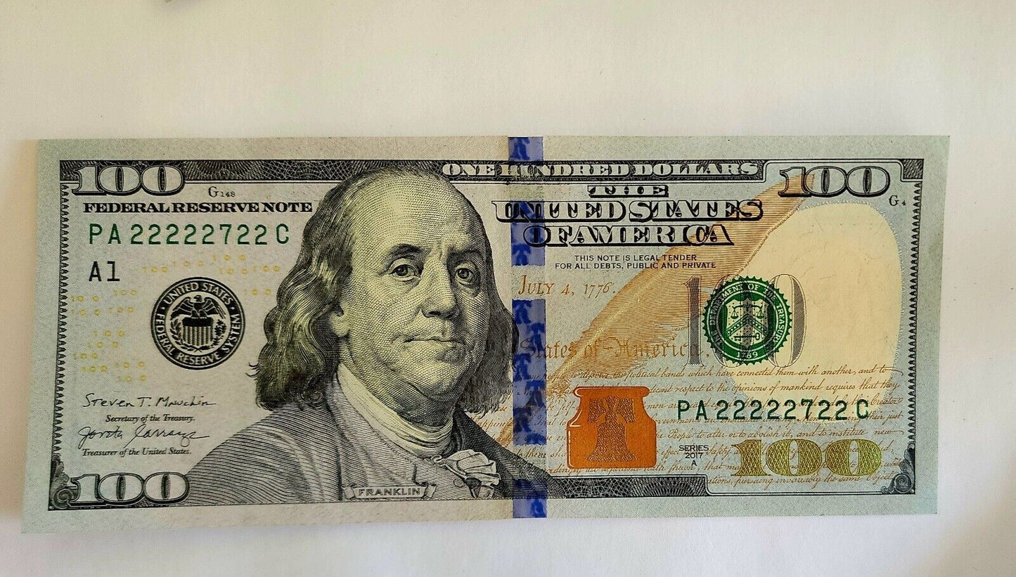 PA 22 22 22 27 22 C  2017 A $100 Binary Fancy Numbers One Hundred Dollar Bill