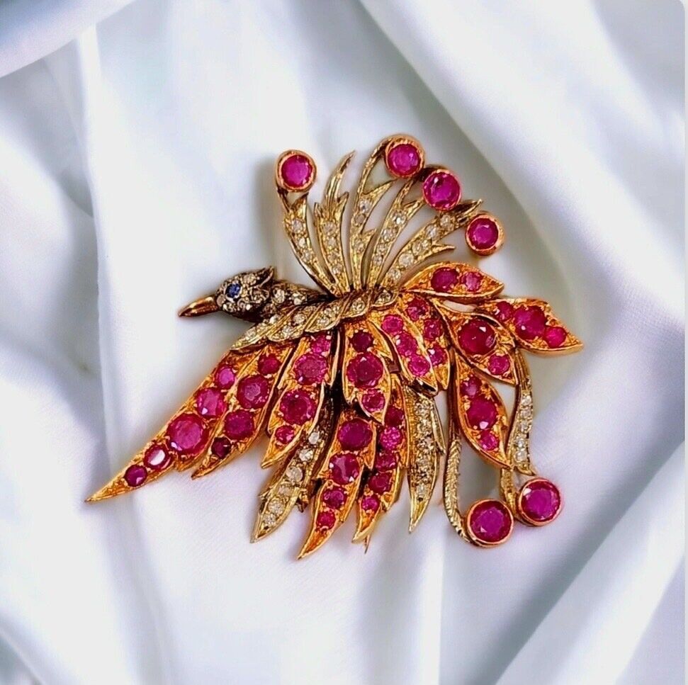 Antique 18k Gold Diamond Rubies Brooch Womens Bird Brooch Ruby Fine Jewelry